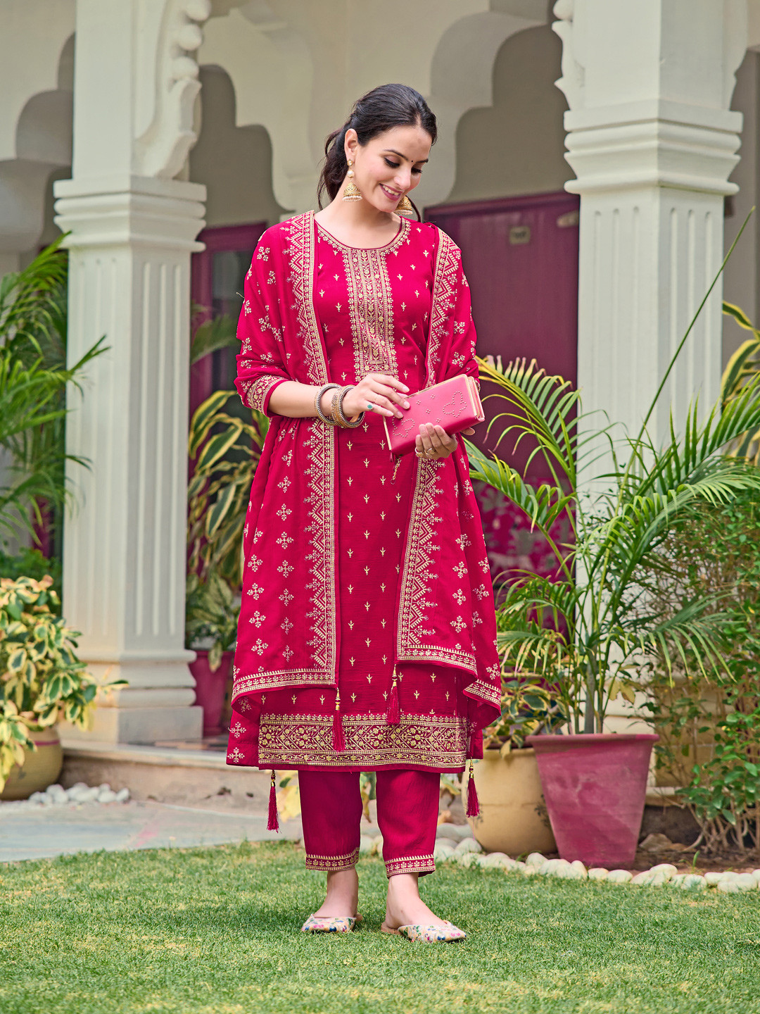 

KALINI Floral Embroidered Regular Sequinned Straight Kurta with Trousers & Dupatta, Pink