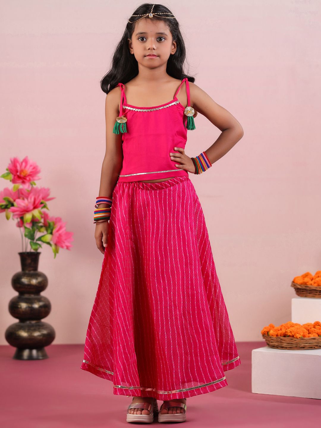 

Sangria Pink Girls Printed Gotta Patti Sleeveless Ready to Wear Lehenga Choli