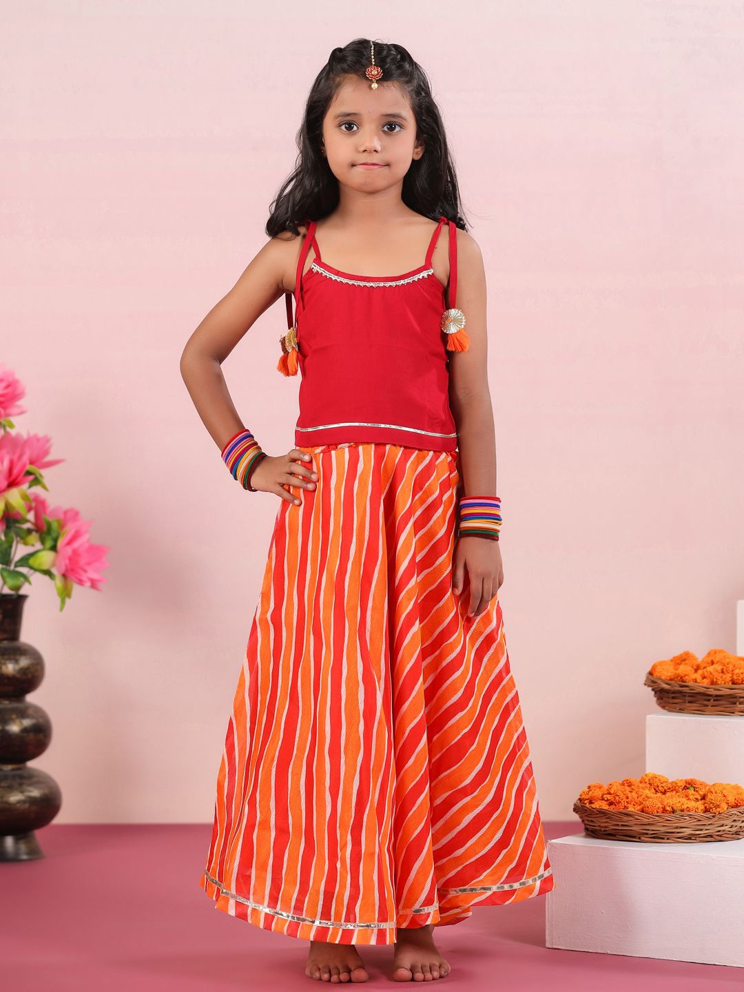 

Sangria Maroon Girls Printed Gotta Patti Sleeveless Ready to Wear Lehenga Choli