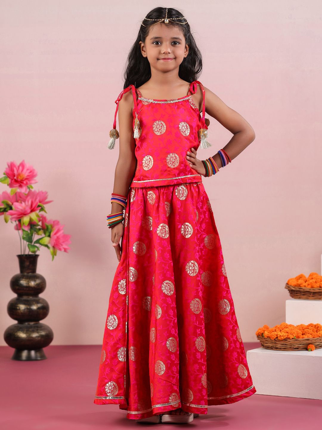 

Sangria Fuchsia Girls Woven Design Gotta Patti Sleeveless Ready to Wear Lehenga Choli