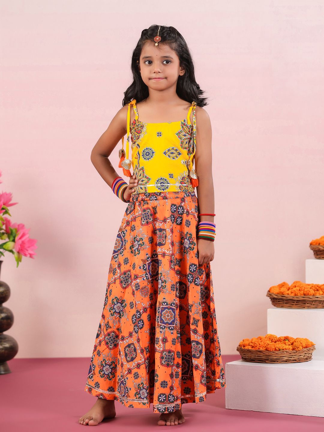 

Sangria Yellow Girls Printed Gotta Patti Sleeveless Ready to Wear Lehenga Choli