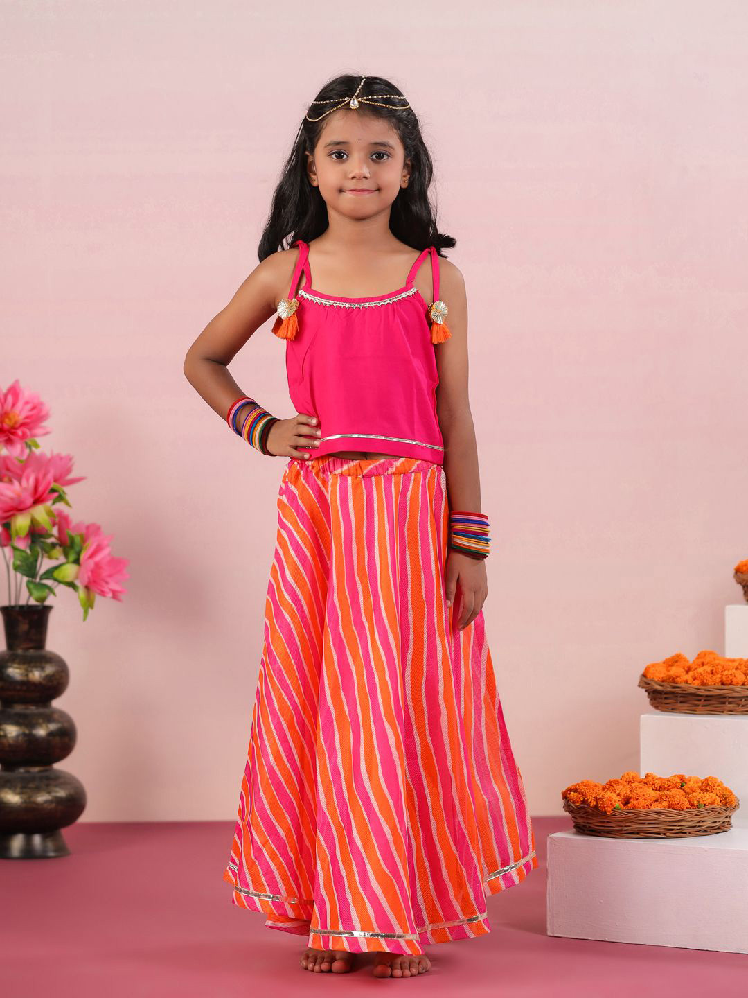 

Sangria Pink Girls Printed Gotta Patti Sleeveless Ready to Wear Lehenga Choli