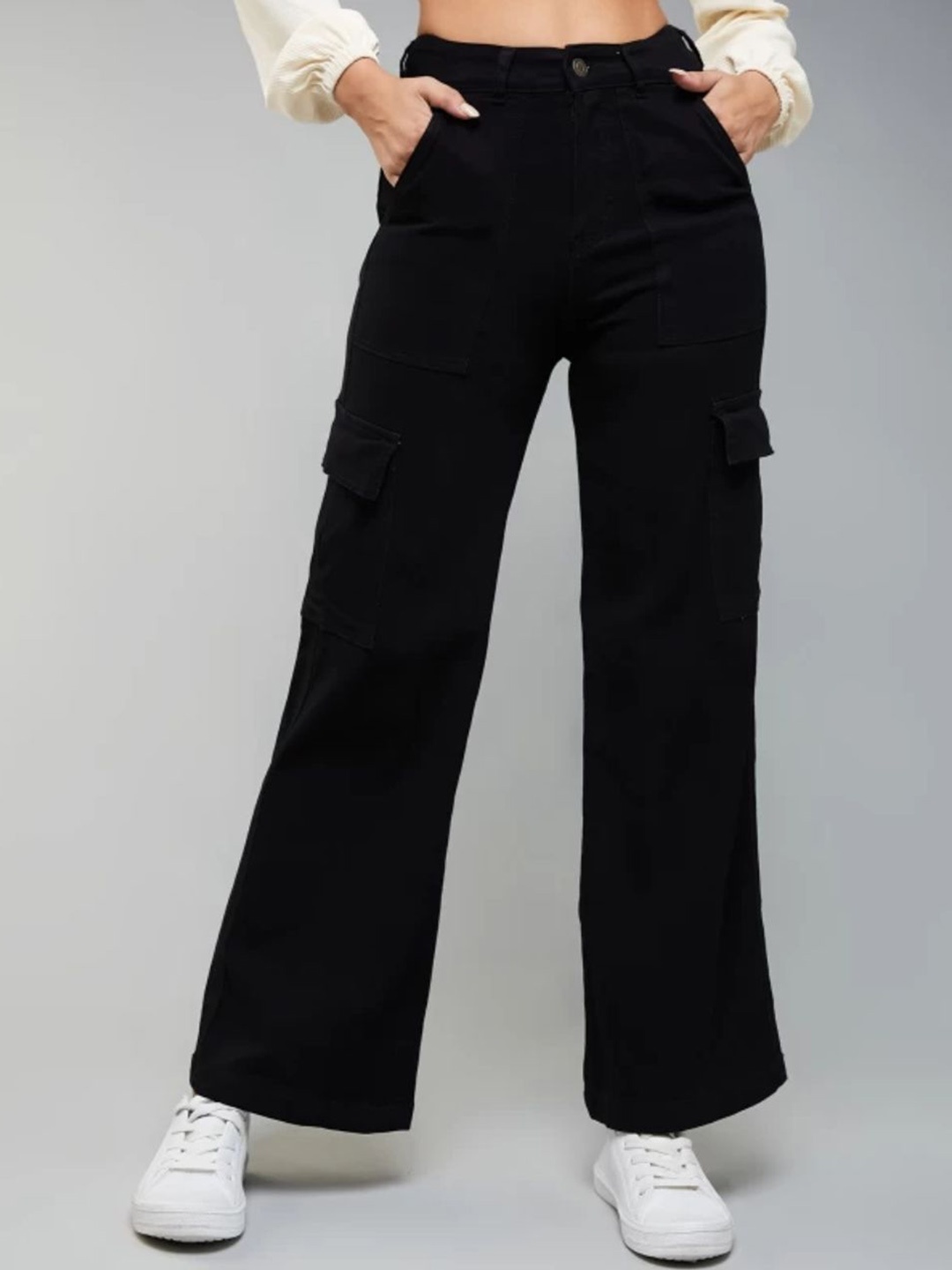 

Perfect Outlet Women Straight Fit High-Rise Stretchable Cargo Jeans, Black