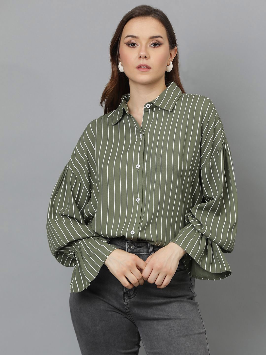 

Kotty Women Spread Collar Vertical Striped Cotton Oversized Casual Shirt, Olive