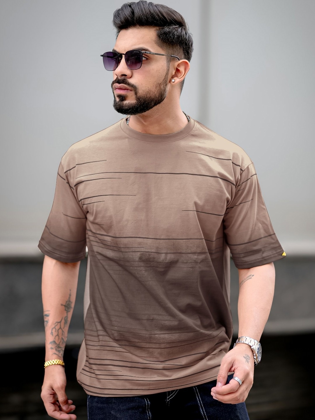 

Maniac Men Abstract Printed Neck Cotton Oversized Tshirt, Brown