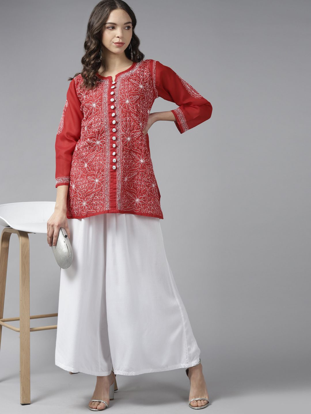 

ADA Women Hand Embroidered Ethnic Motifs Lucknowi Chikankari Kurti, Red