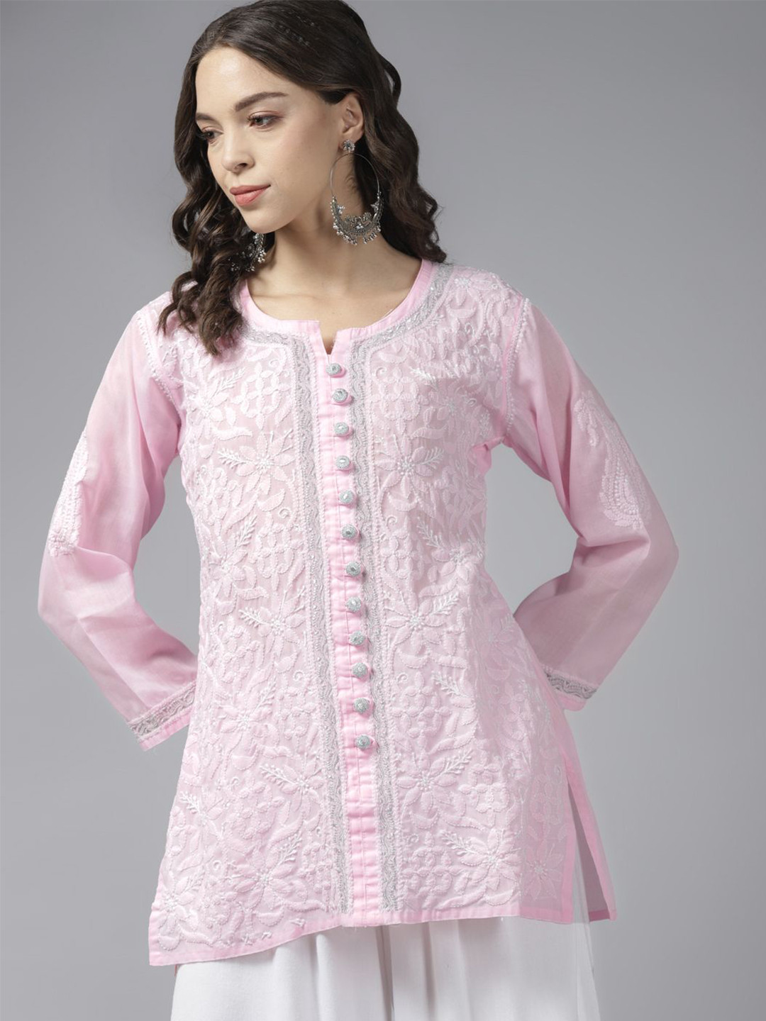 

ADA Ethnic Motifs Embroidered Thread Work Pure Cotton Thread Work Kurti, Pink