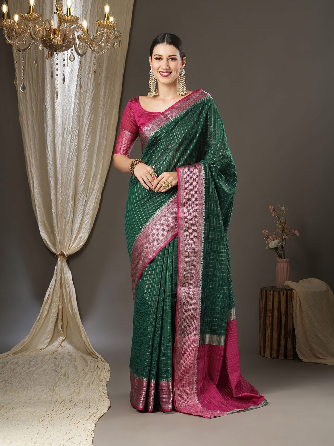 

Anouk Checked Woven Design Zari Taant Saree, Green