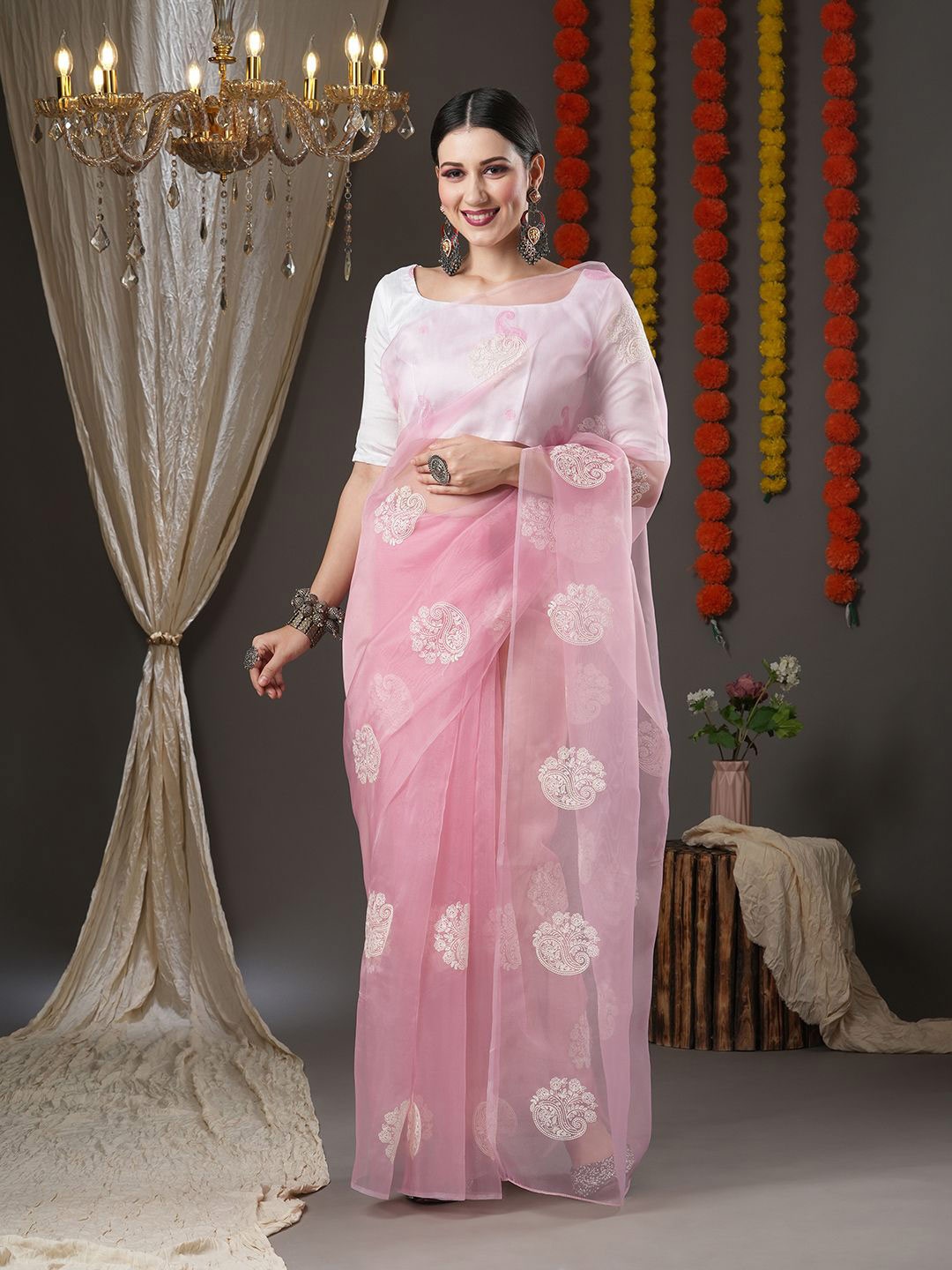 

Anouk Woven Design Zari Organza Banarasi Saree, Pink