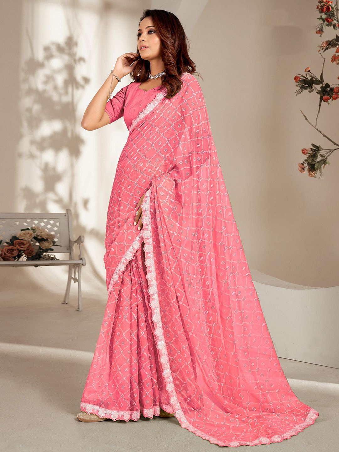 

Anouk Ethnic Motifs Embellished Saree, Pink
