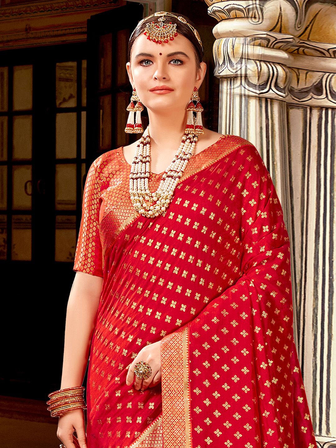 

Anouk Rustic Ethnic Motifs Embellished Zari Saree, Red