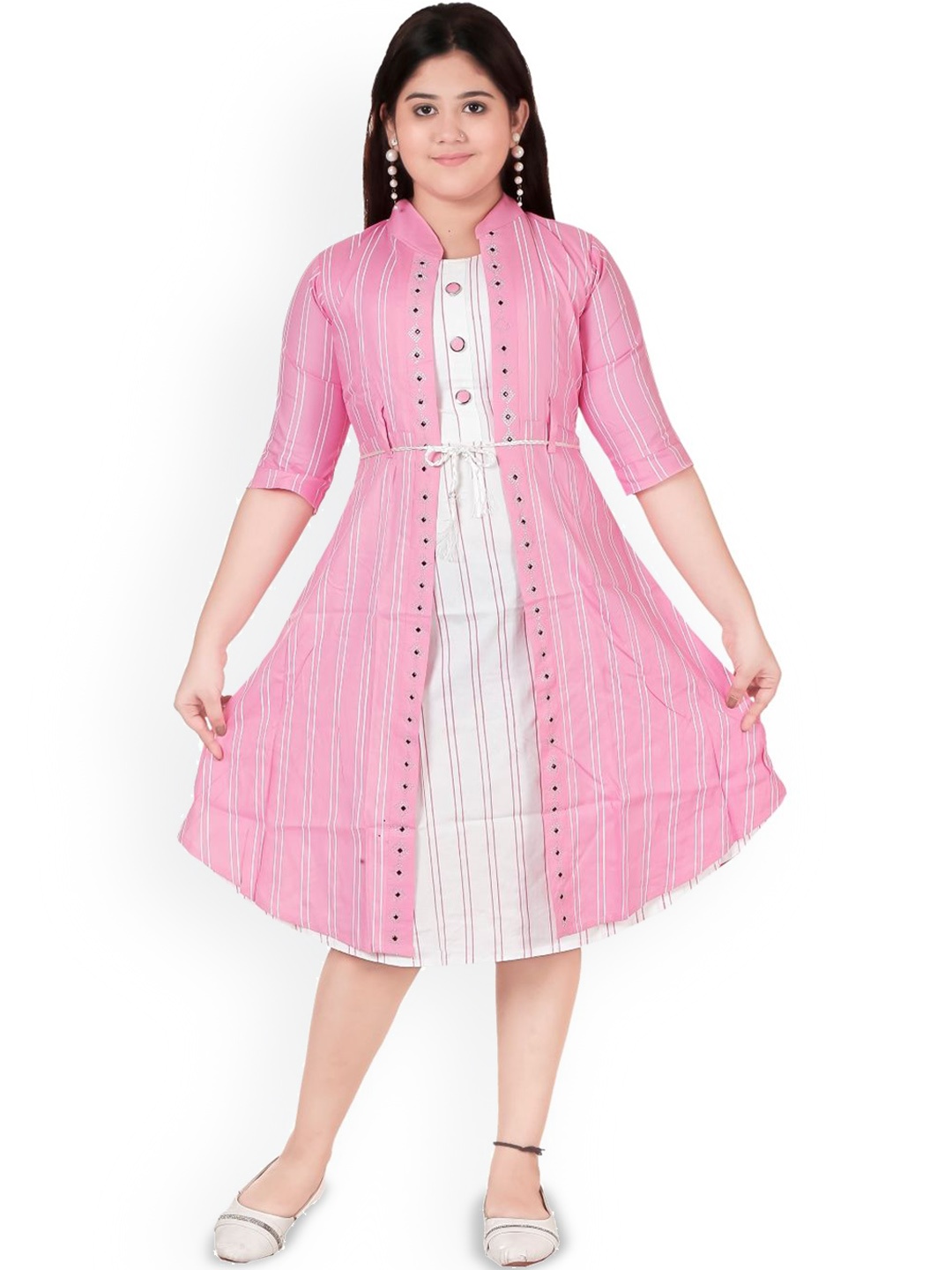 

BAESD Striped Printed A-Line Midi Ethnic Dress, Pink