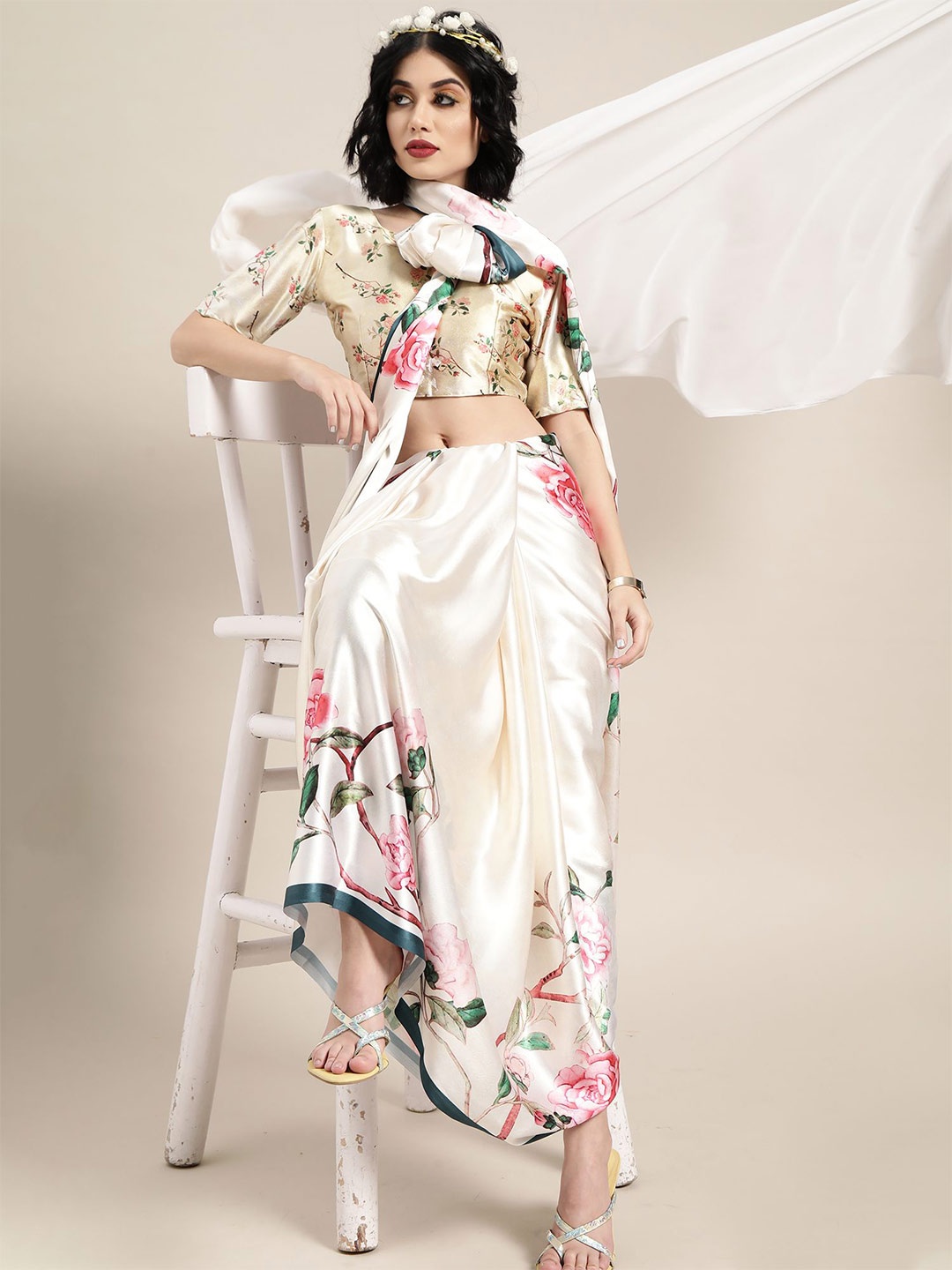 

Anouk Floral Printed Saree with Blouse Piece, Cream