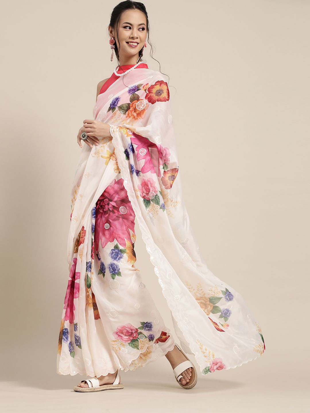 

Anouk Floral Embroidered Organza Saree, White