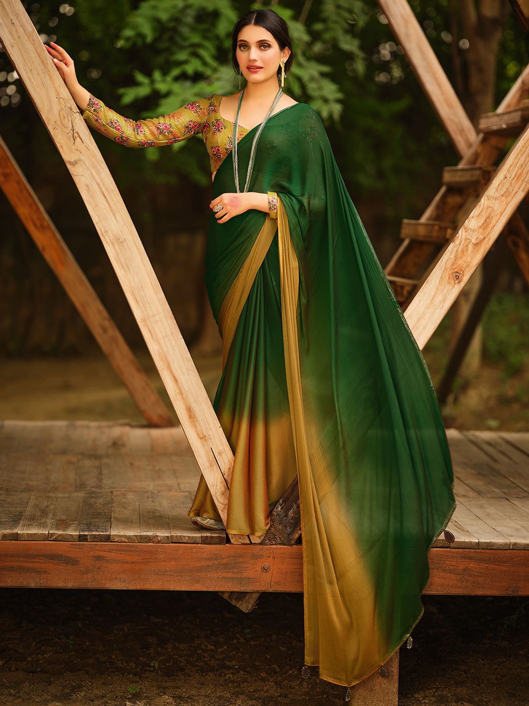 

Anouk Ombre Embellished Beads and Stones Saree, Green