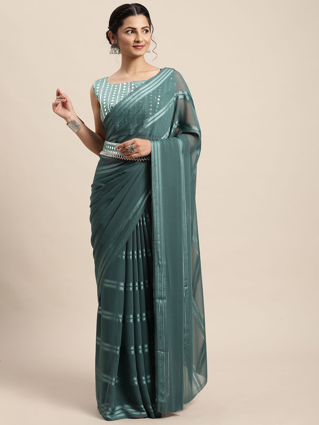

Anouk Striped Belted Saree, Blue