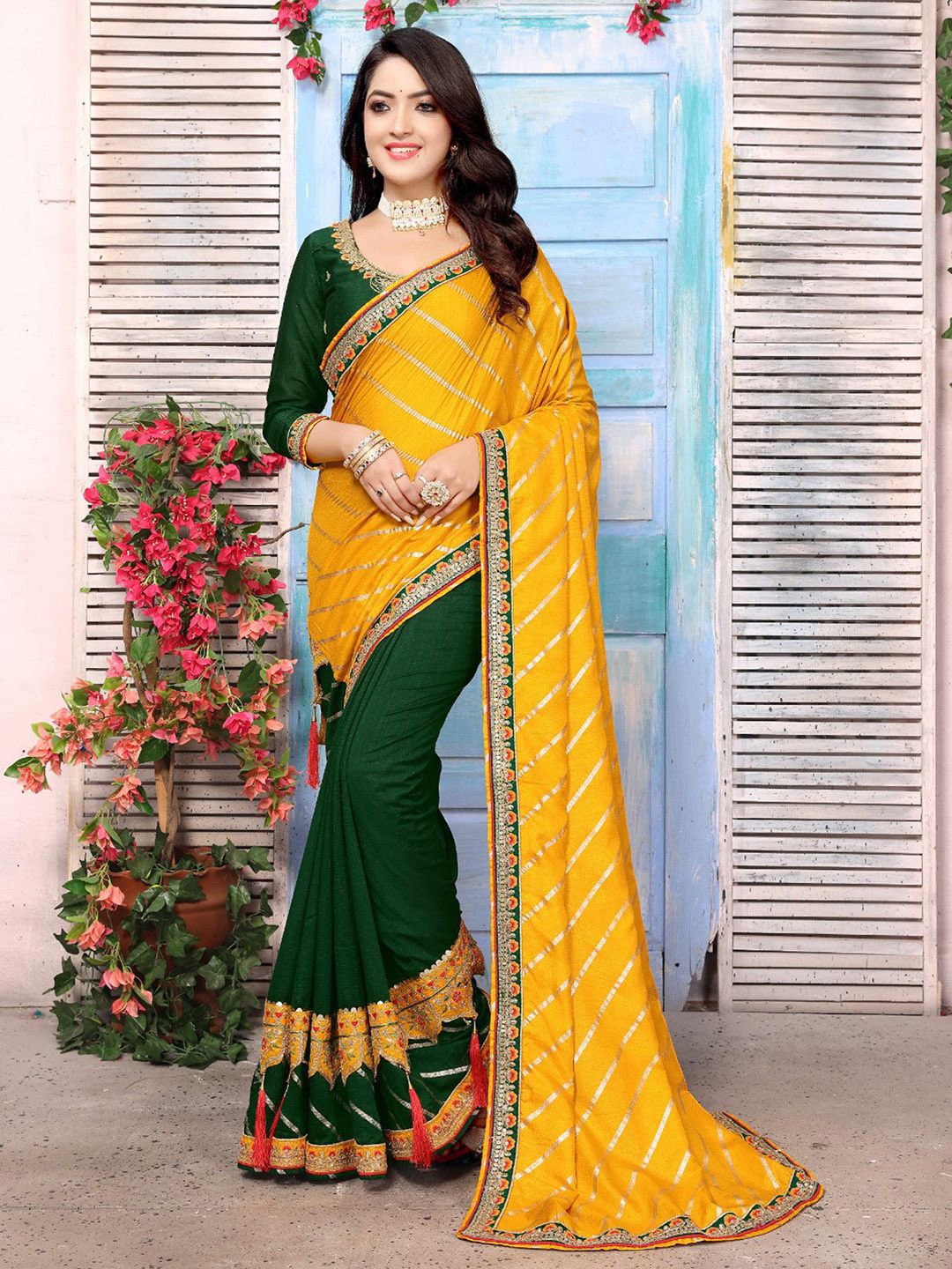 

Anouk Striped Sequinned Half and Half Saree, Yellow