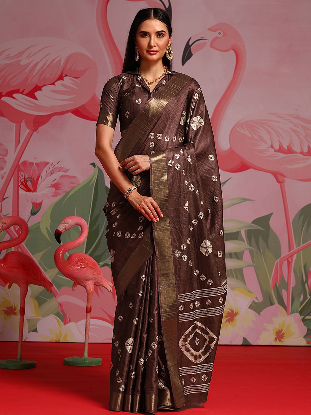 

Anouk Zari Bandhani Saree, Coffee brown