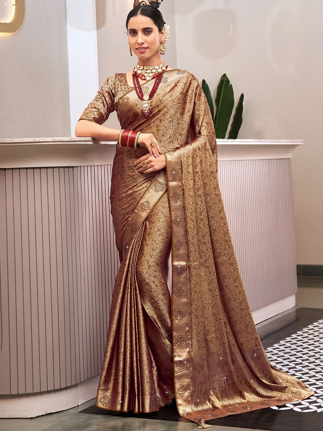 

Anouk Woven Design Zari Silk Blend Banarasi Saree, Camel brown