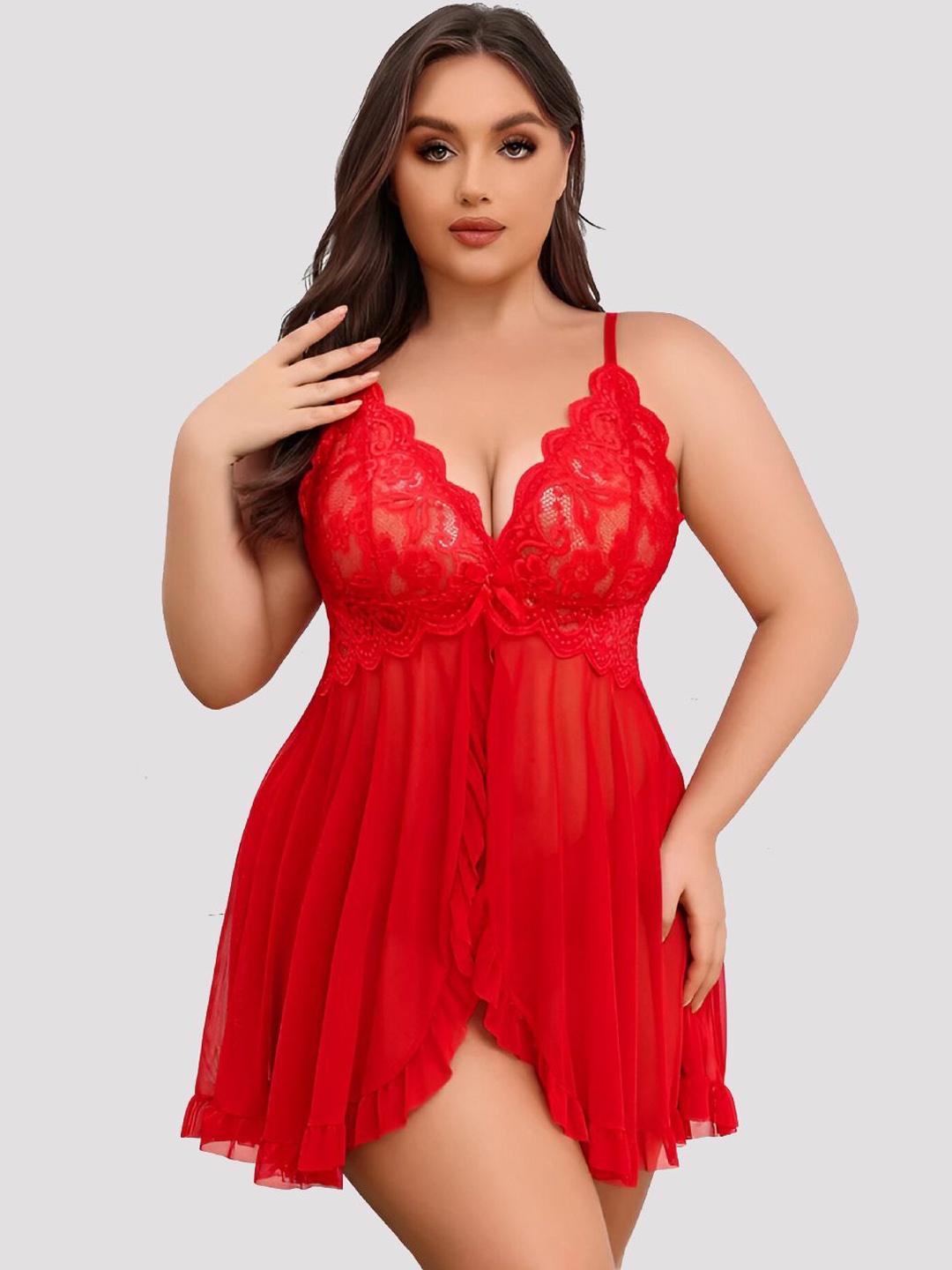 

Herryqeal Women Plus Size Self Design Shoulder Straps Asymmetric Lace Baby Doll, Red
