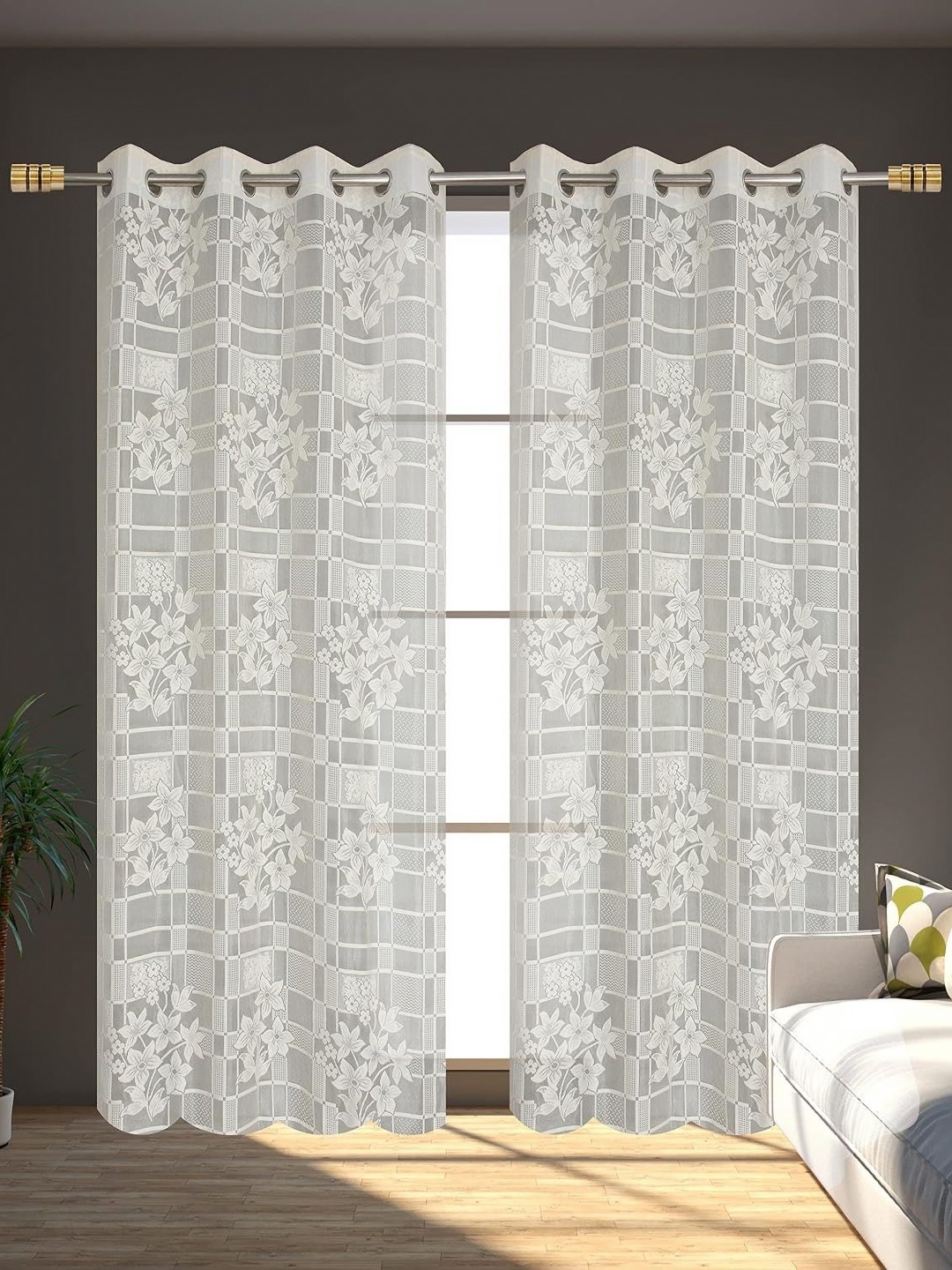 

RIDHAAN Cream 2 Pieces Floral Sheer Door Curtain