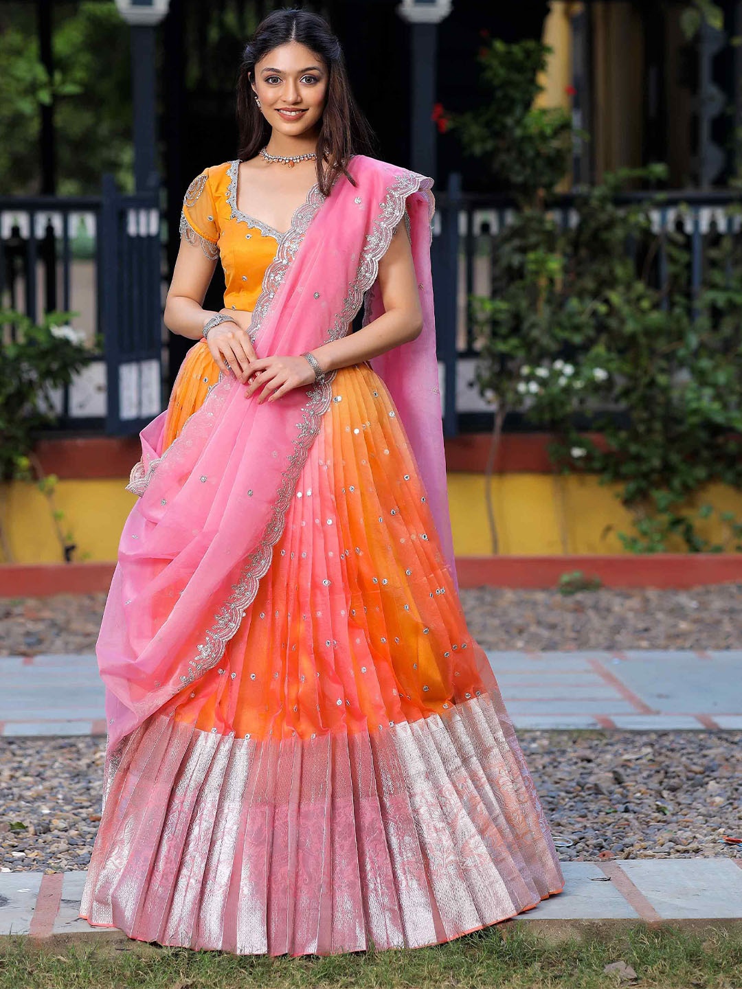 

Bullion Knot Embroidered Mirror Work Organza Ready to Wear Lehenga & Blouse With Dupatta, Pink