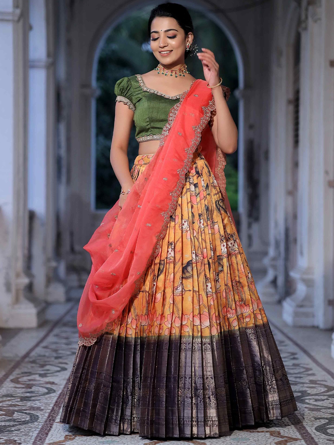 

Bullion Knot Sarojini Kalamkari Printed Beads & Stones Ready to Wear Lehenga Choli, Green