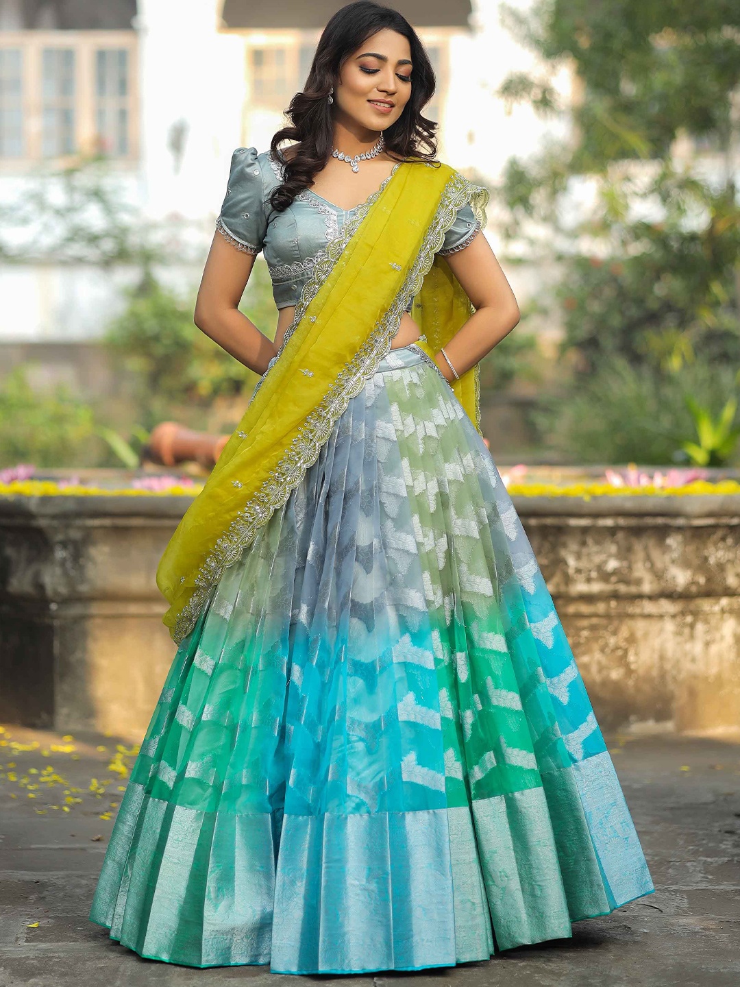 

Bullion Knot Embroidered Mirror Work Organza Ready to Wear Lehenga & Blouse With Dupatta, Silver