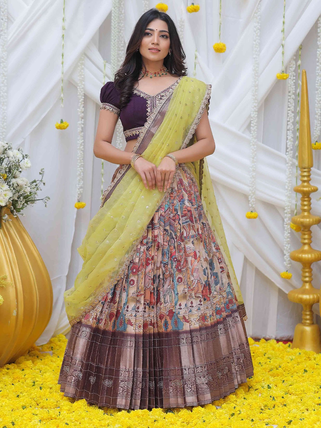 

Bullion Knot Embroidered Sequinned Kalamkari Ready to Wear Lehenga & Blouse With Dupatta, Purple