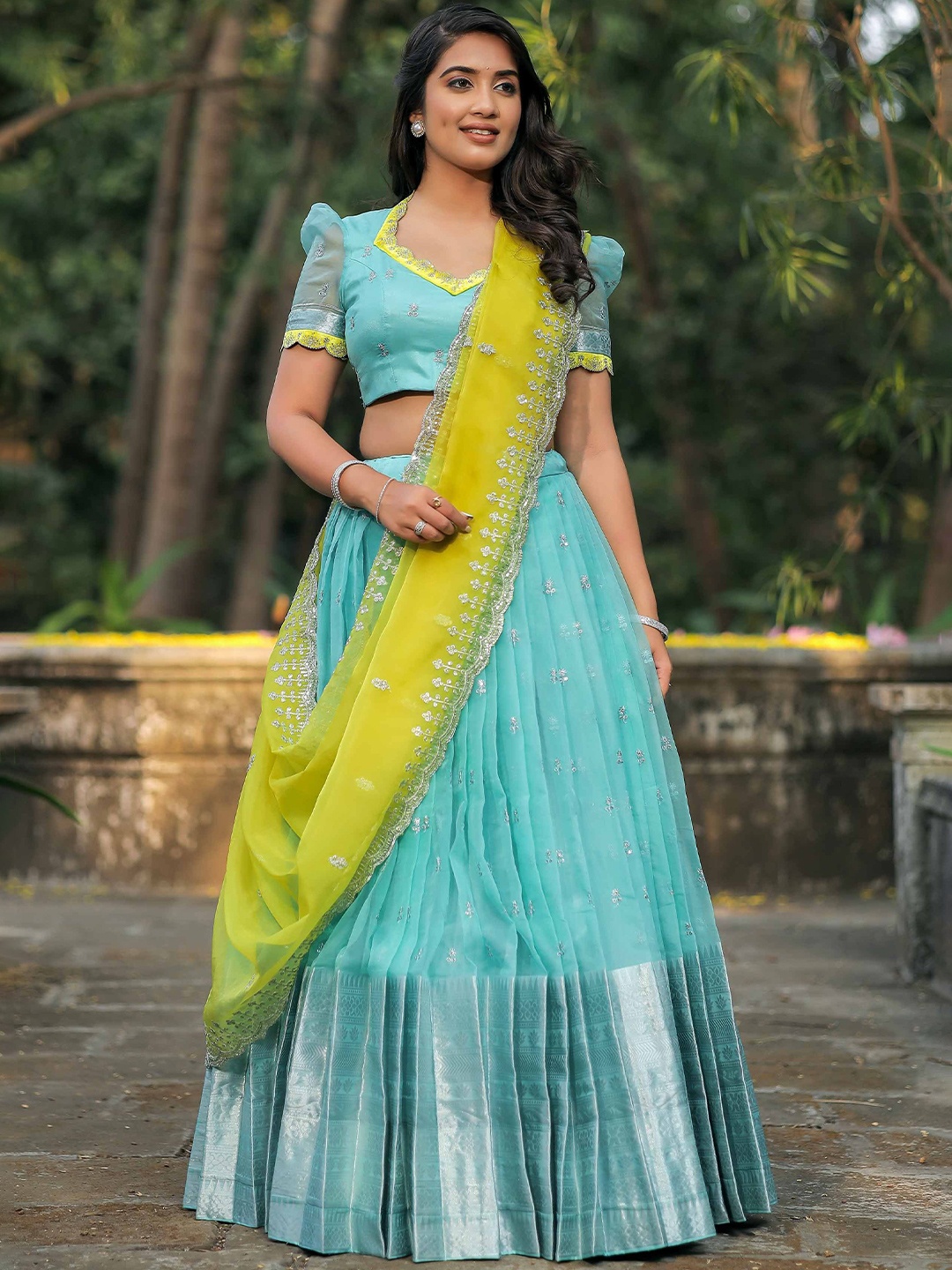 

Bullion Knot Embroidered Sequinned Organza Ready to Wear Lehenga & Blouse With Dupatta, Blue