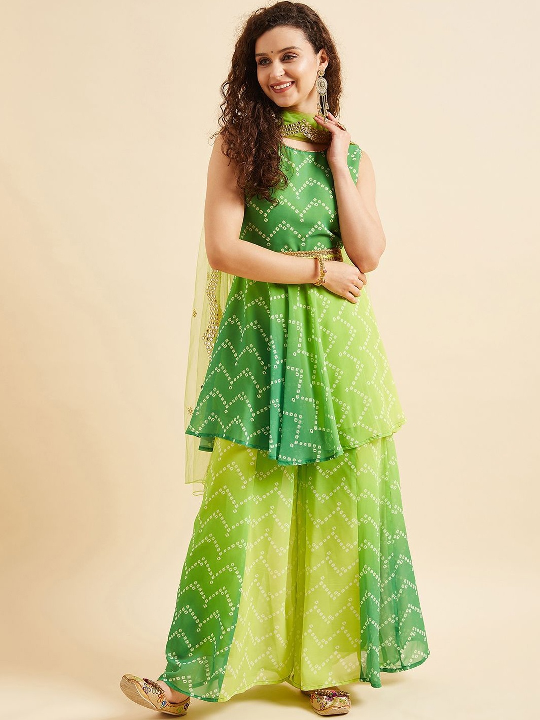 

PANIT Green Bandhani Printed Mirror Work Georgette A-Line Kurta With Sharara & Dupatta