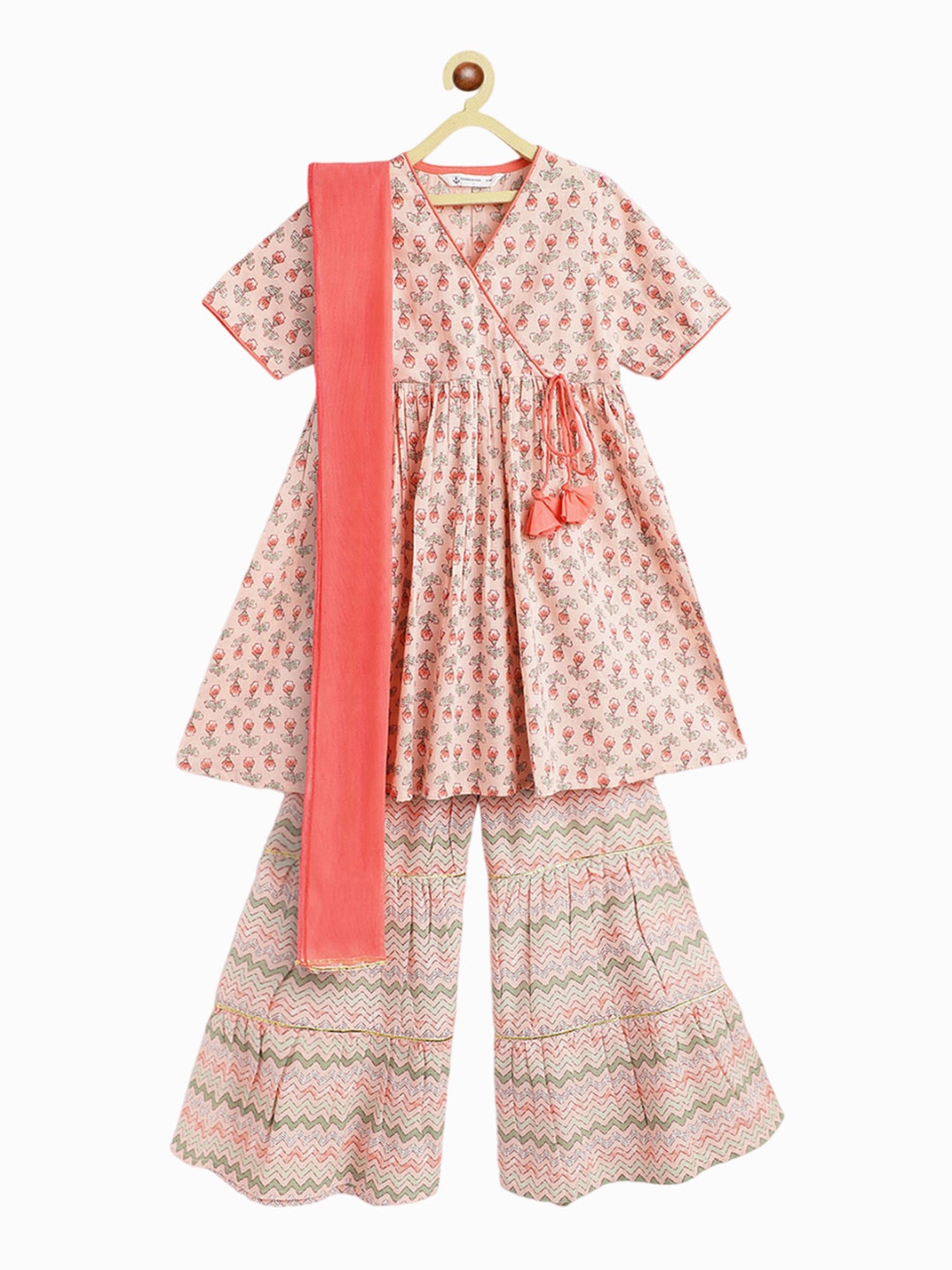 

Campana Nihira Girls Floral Printed Angrakha Pure Cotton Kurta With Sharara & Dupatta, Peach