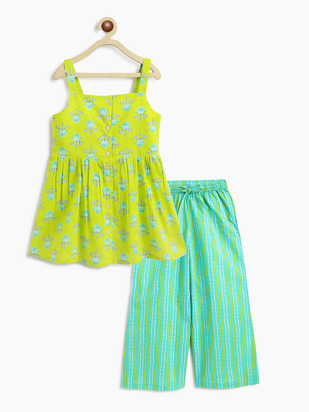 

Campana Udita Girls Floral Printed Pure Cotton Anarkali Kurti With Palazzos, Lime green