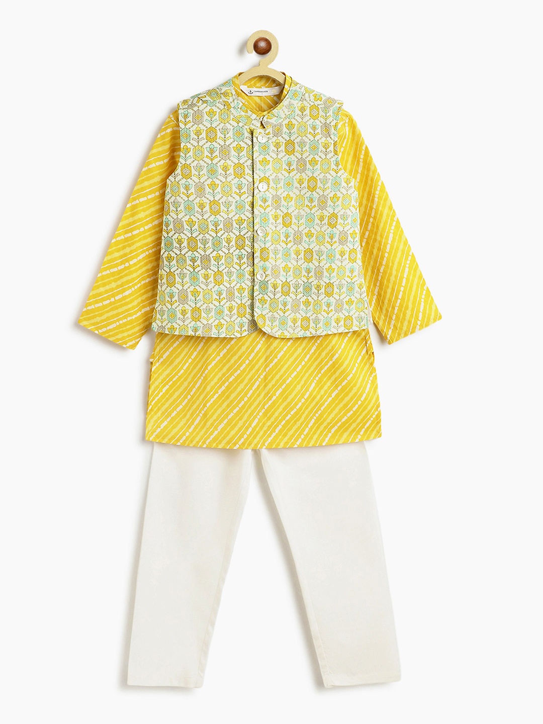 

Campana Nishant Boys Striped Pure Cotton Kurta With Pyjamas & Jacket, Yellow