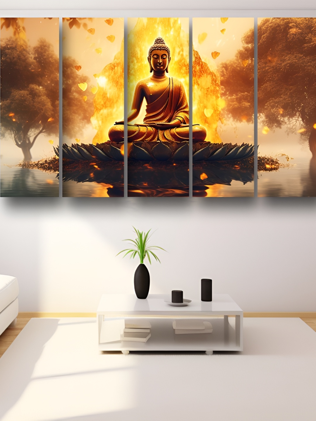 Casperme Orange-Coloured 5 Pieces Wooden Lord Buddha Wall Paintings
