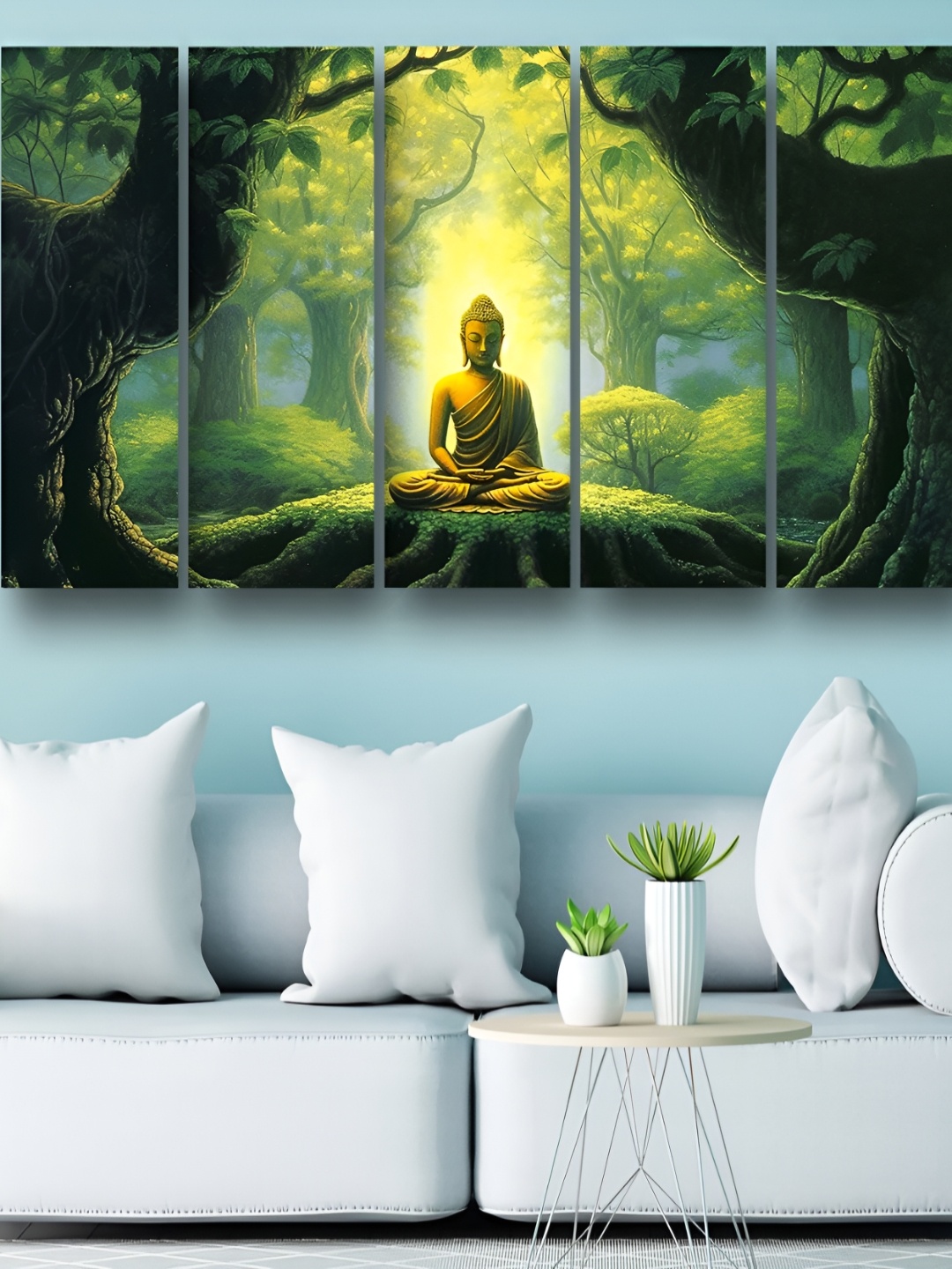 

Casperme Green & Brown 5 Pieces Lord Buddha Wooden Painting Wall Arts