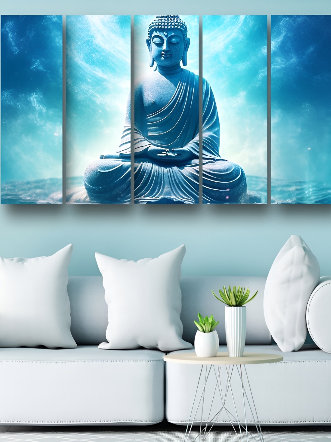 

Casperme Blue & White 5 Pieces Wooden Lord Buddha Wall Paintings
