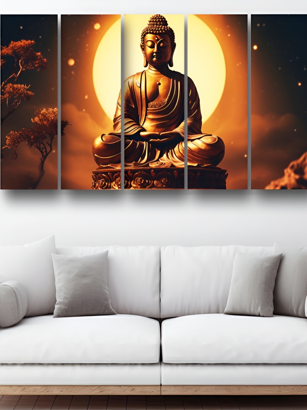 Casperme 5-Pcs Brown & Orange-Coloured 5 Pcs Wooden Lord Buddha Wall Paintings