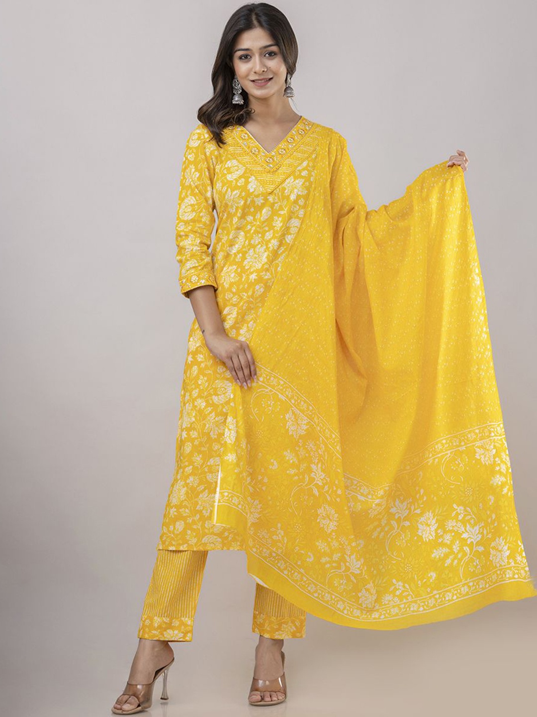 

Jasoriya Floral Printed Thread Work Pure Cotton Straight Kurta With Trousers & Dupatta, Mustard