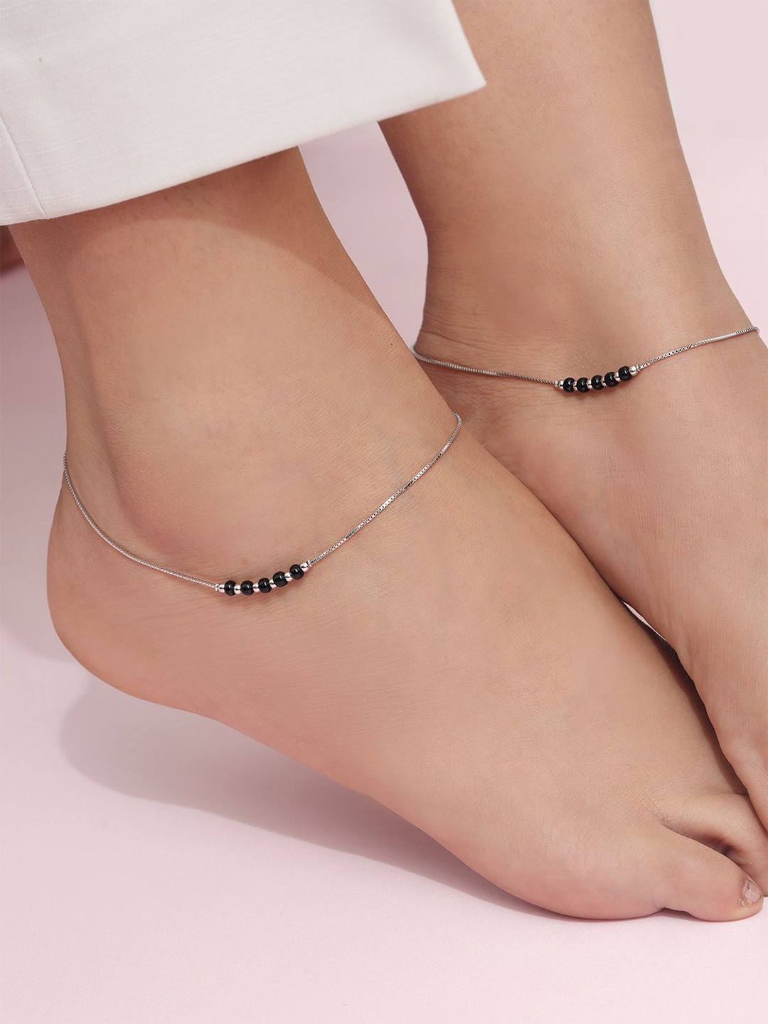 

Zavya Rhodium-Plated 925 Sterling Silver Artificial Beads Anklet