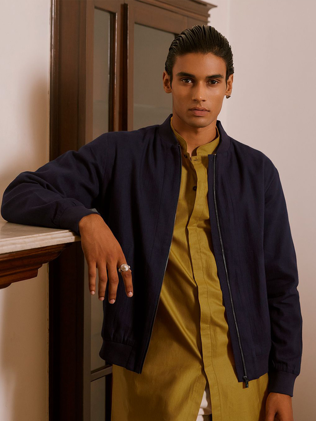 

Andamen Heritage Men Lightweight Open Front Bomber Jacket, Navy blue