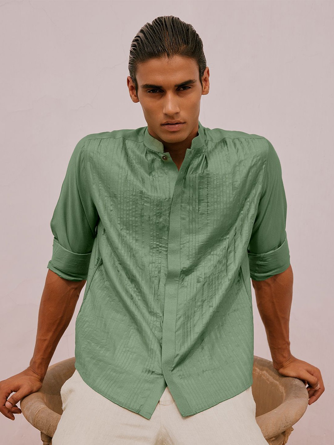 

Andamen Men Premium Mandarin Collar Solid Viscose Rayon Casual Shirt, Green