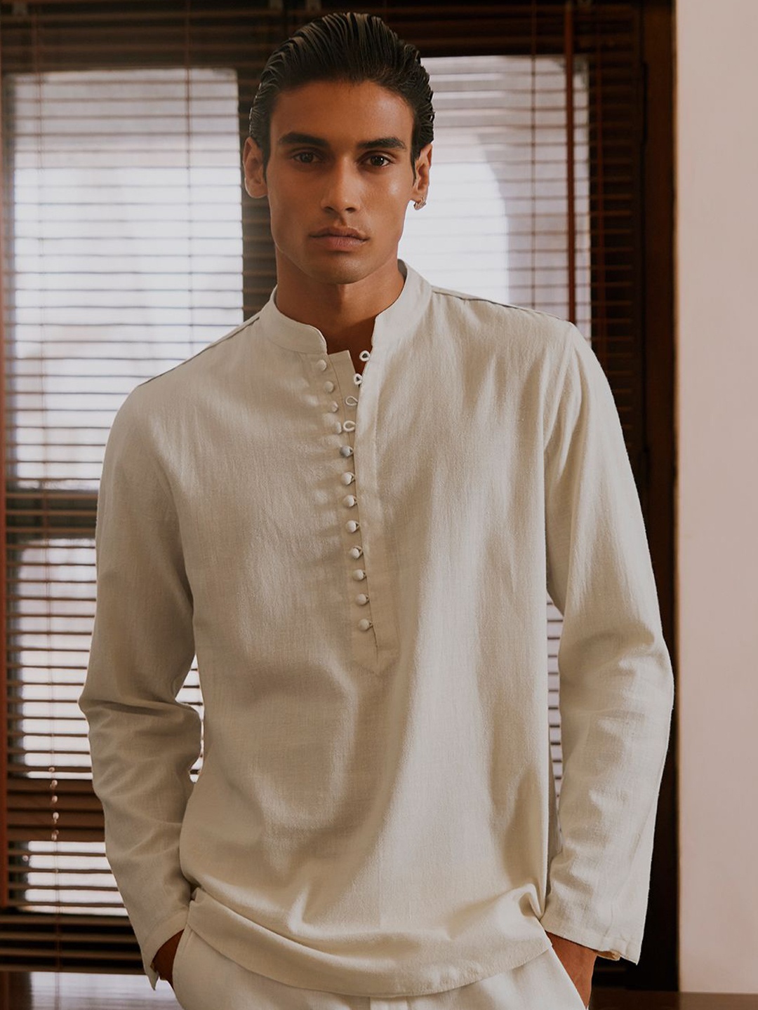 

Andamen Men Premium Mandarin Collar Solid Cotton Casual Shirt, Off white