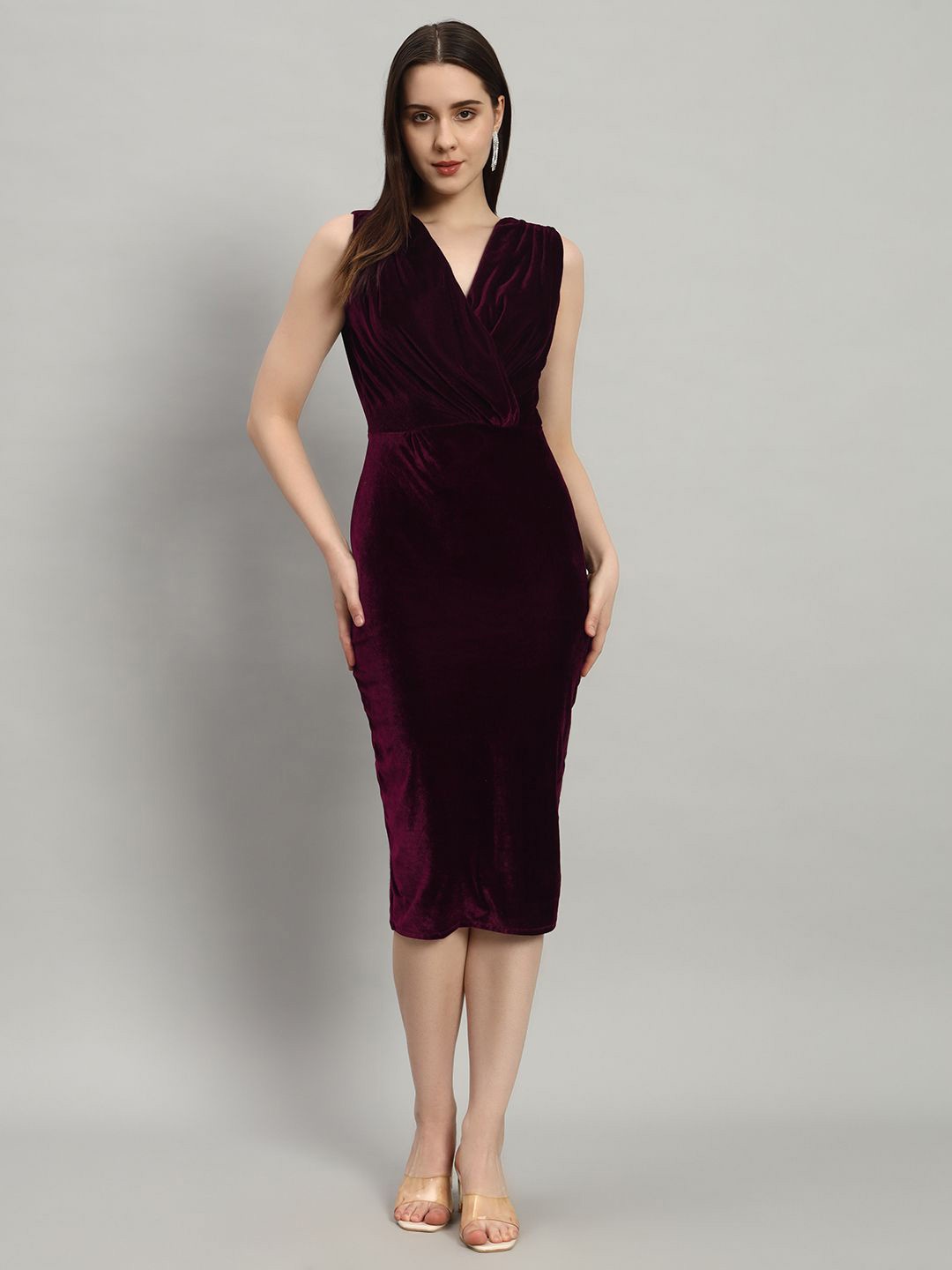 

VAARARO V-Neck Velvet Bodycon Midi Dress, Burgundy