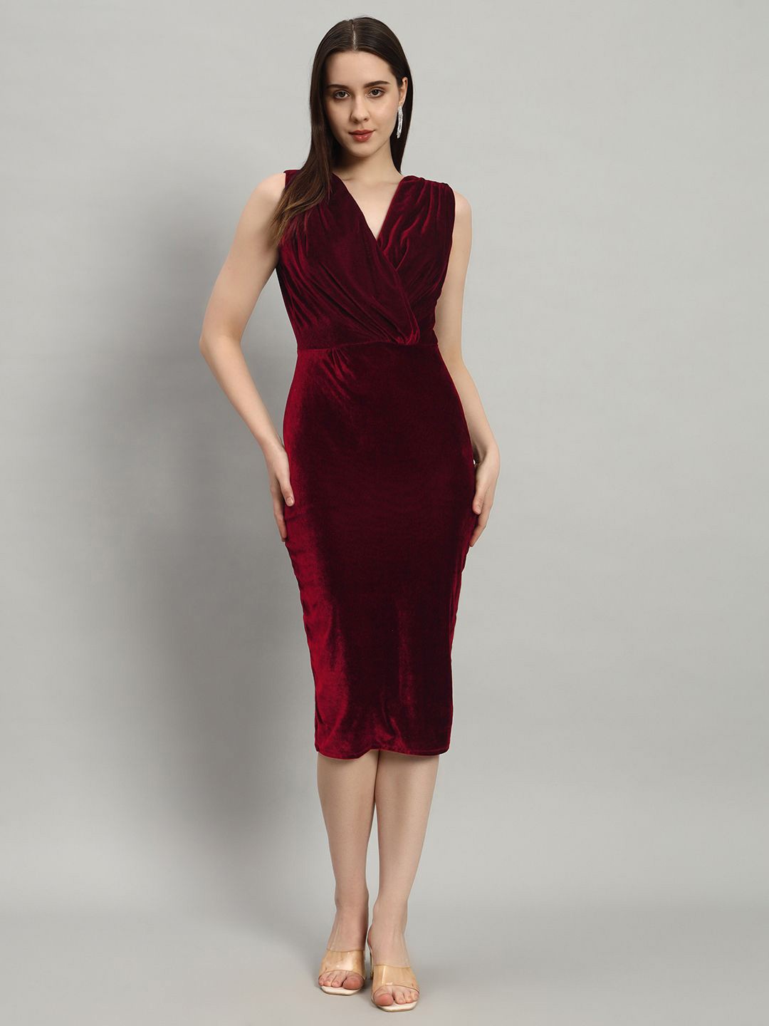 

VAARARO Velvet Sheath Midi Dress, Maroon