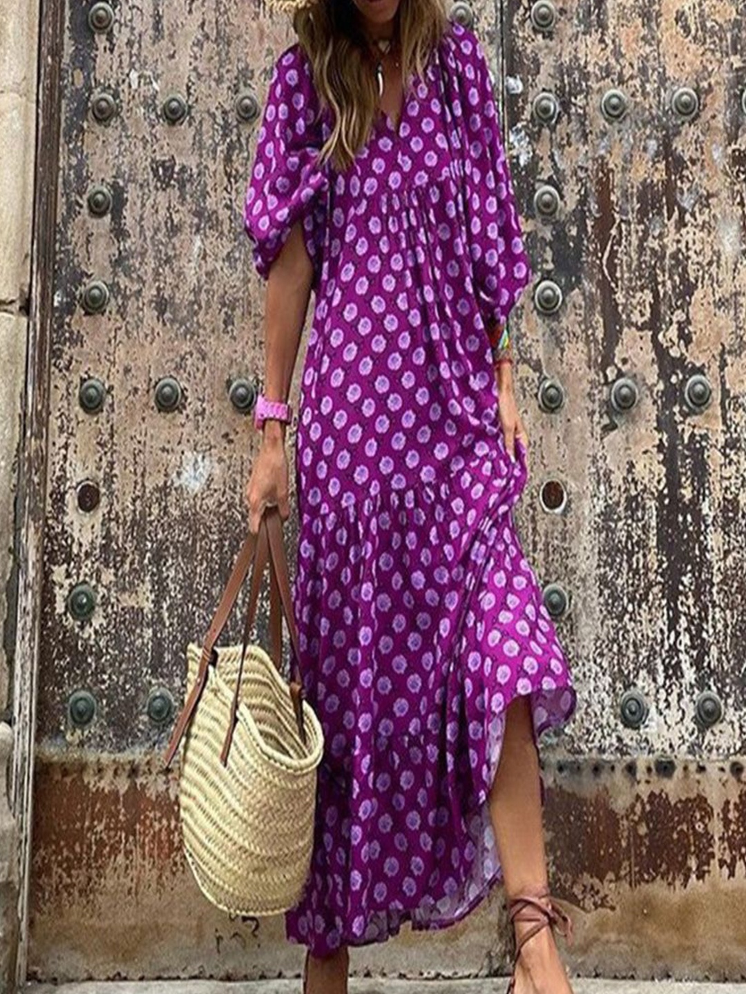 

StyleCast Printed Puff Sleeve Maxi Dress, Purple
