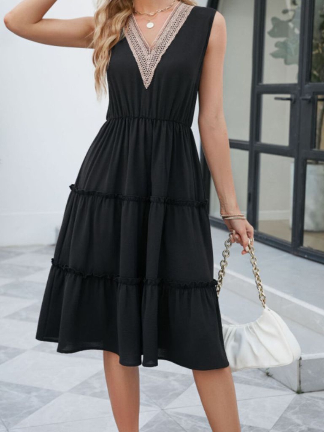 

StyleCast V-Neck Fit & Flared Tired Midi Dress, Black