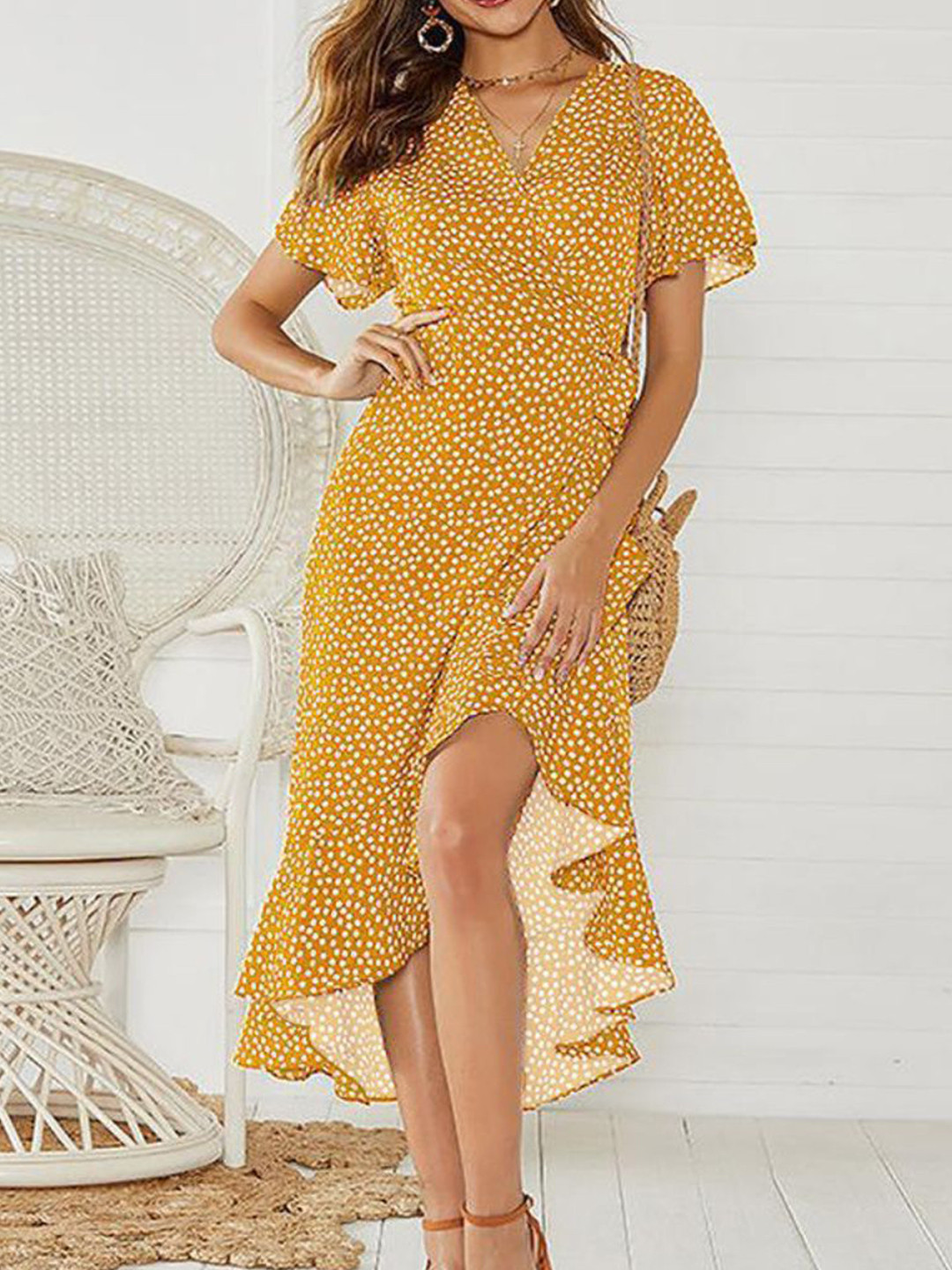 

StyleCast Women Printed Flared Sleeves Midi Wrap Dress, Yellow