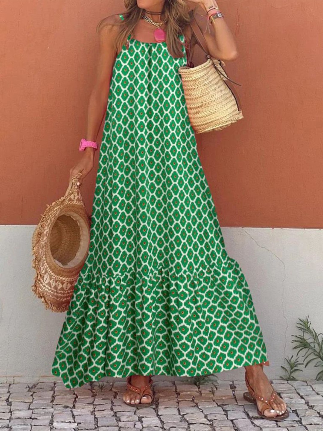 

StyleCast Printed Shoulder Straps A-line Maxi Dress, Green