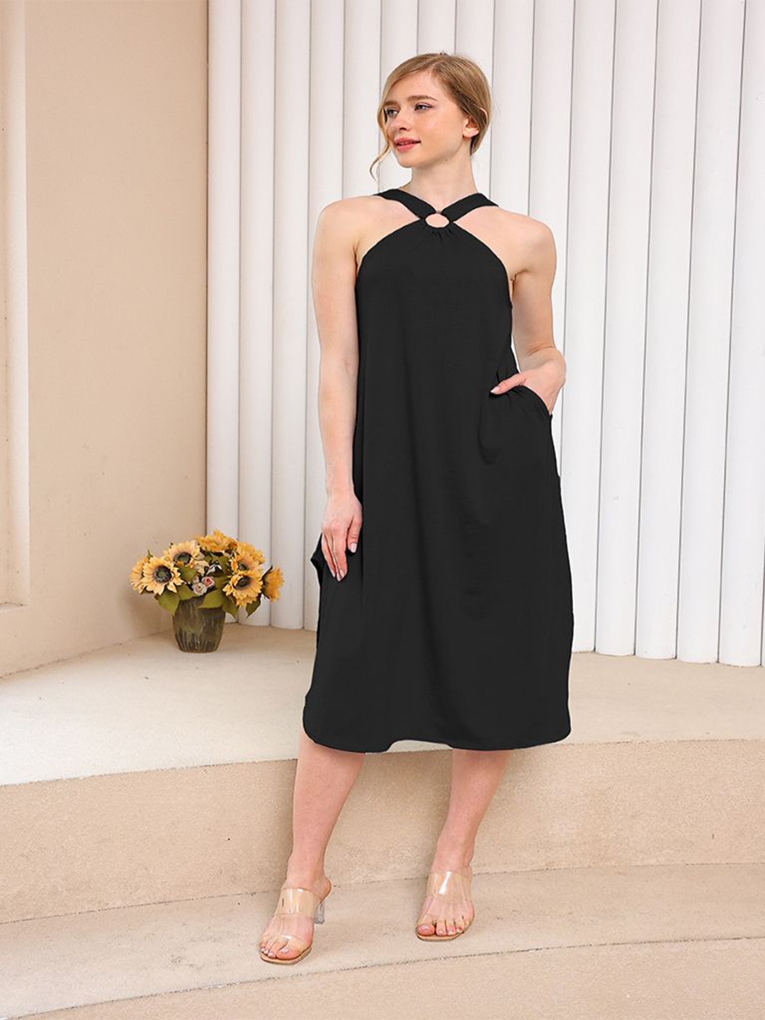 

StyleCast Solid Shoulder Straps A-Line Dress, Black
